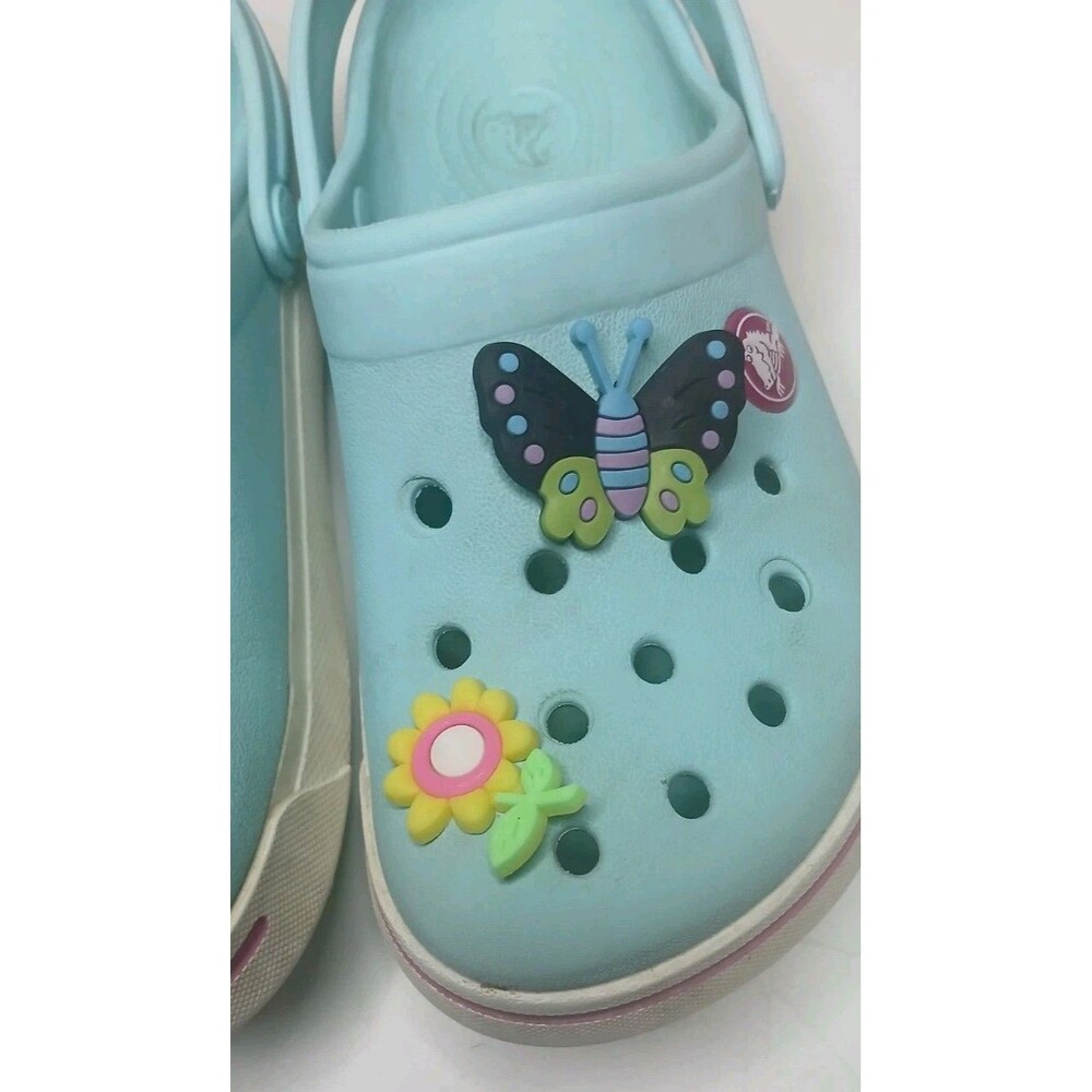 Crocs Kids Girls Sz C 12/13 Aqua Blue /Pink White w Charms Flowers Butterflies - Picture 4 of 16